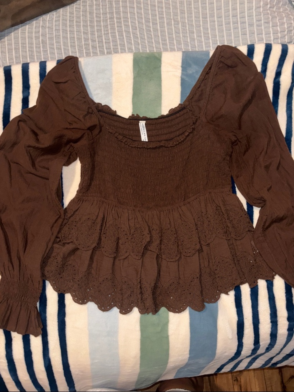 American Eagle Outfitters Chocolate Brown Smocked Peplum Blouse